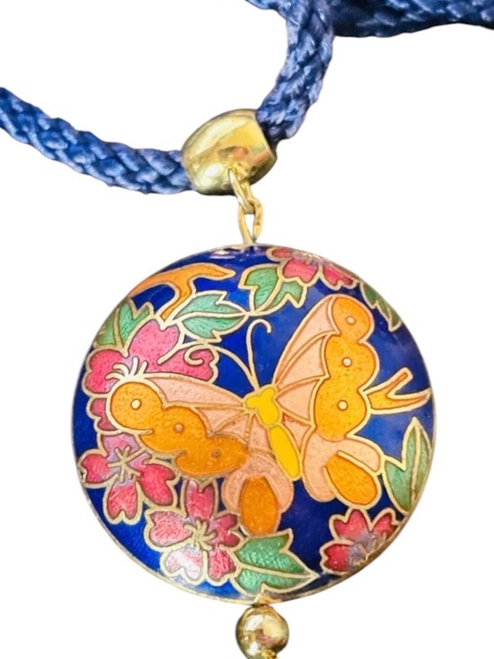 Vintage Jewelry - Vintage Cloisonne Butterfly Pendant Tassel Cord Necklace